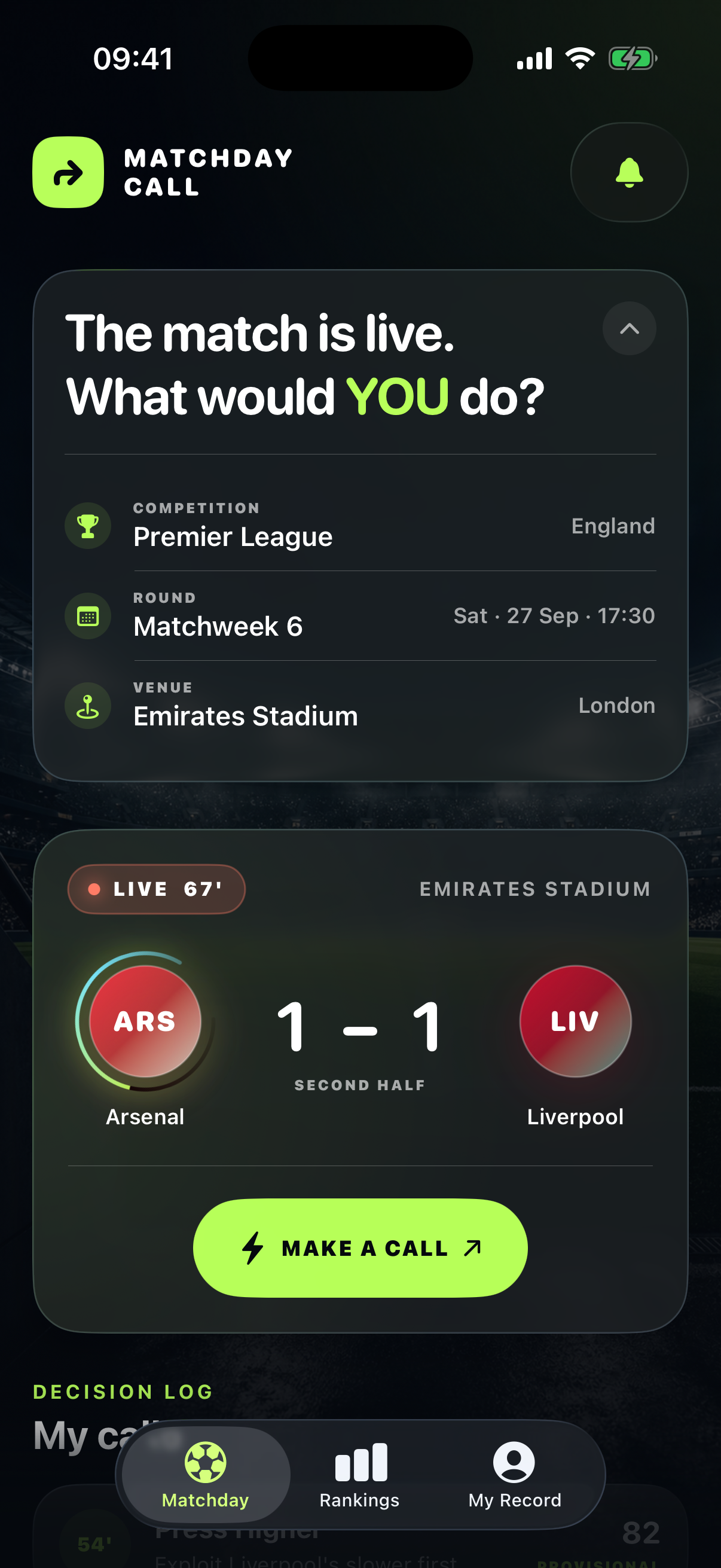 Matchday Call showing Arsenal versus Liverpool live at 1–1