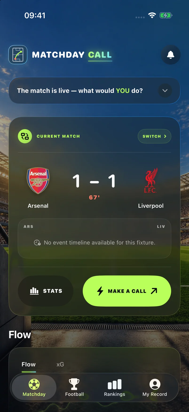 Matchday Call iPhone app preview showing the current live match experience