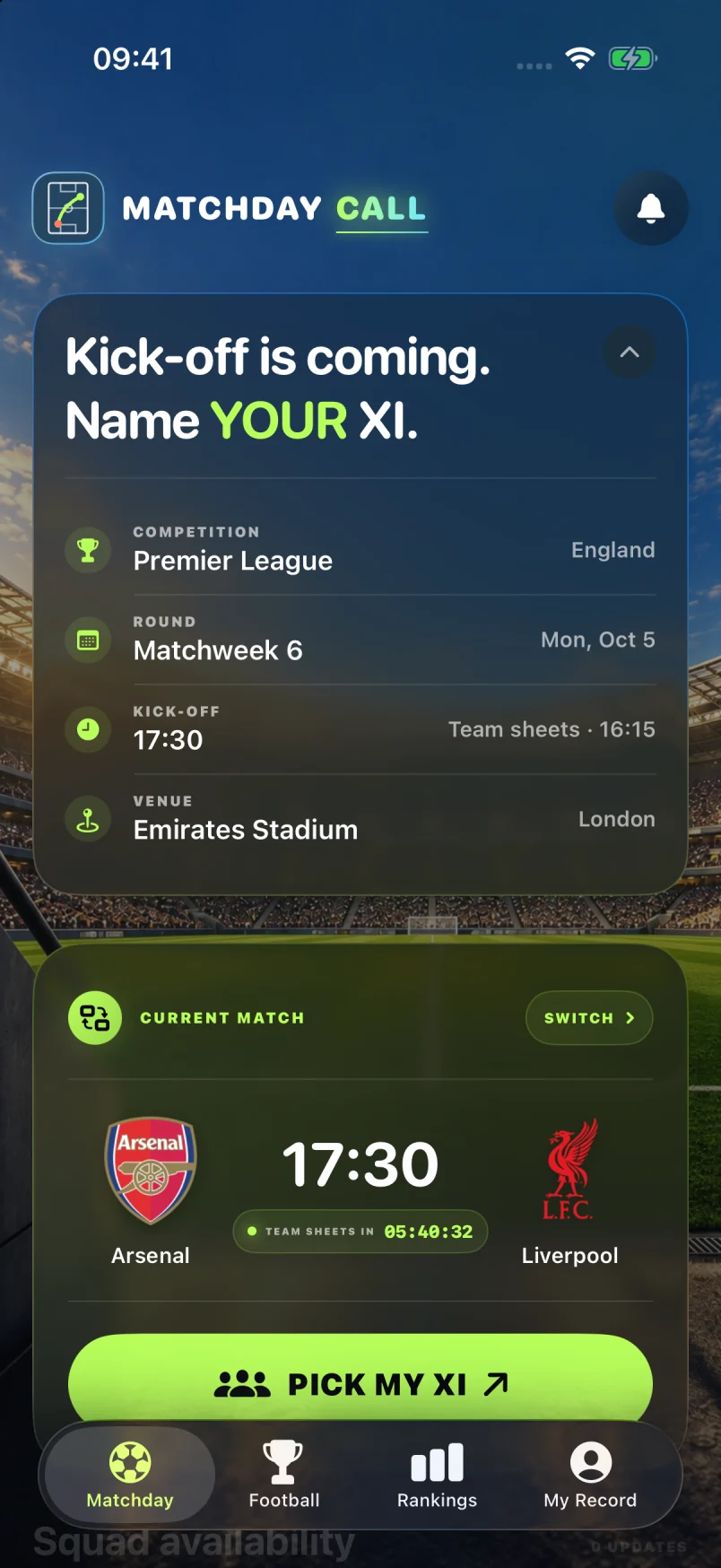 Current Matchday Call pre-match screen with Starting XI and fixture preparation