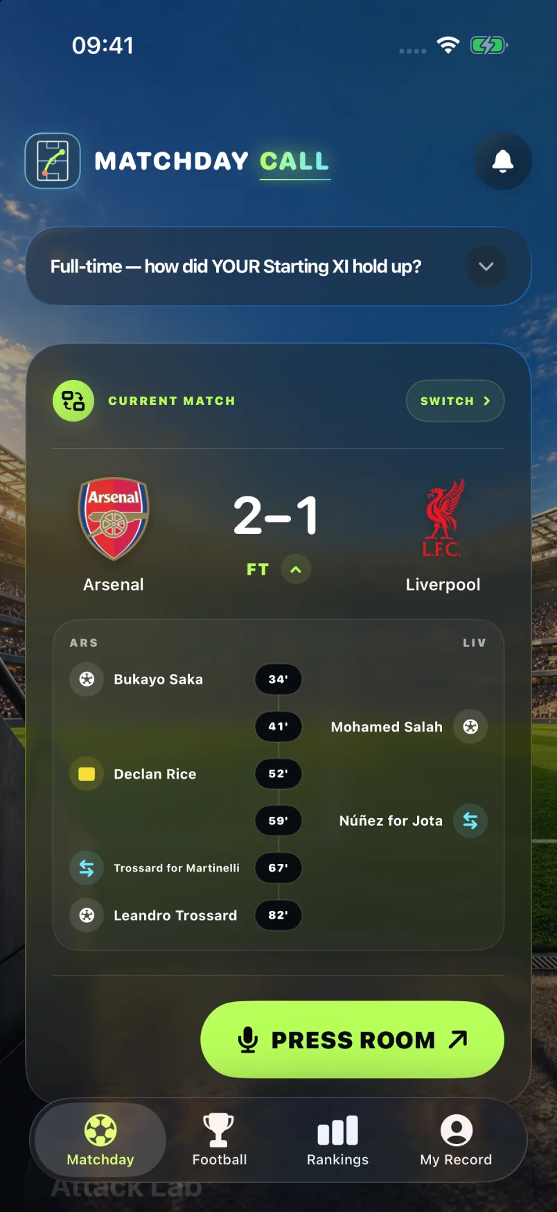 Current Matchday Call full-time screen with Matchday Review and post-match actions